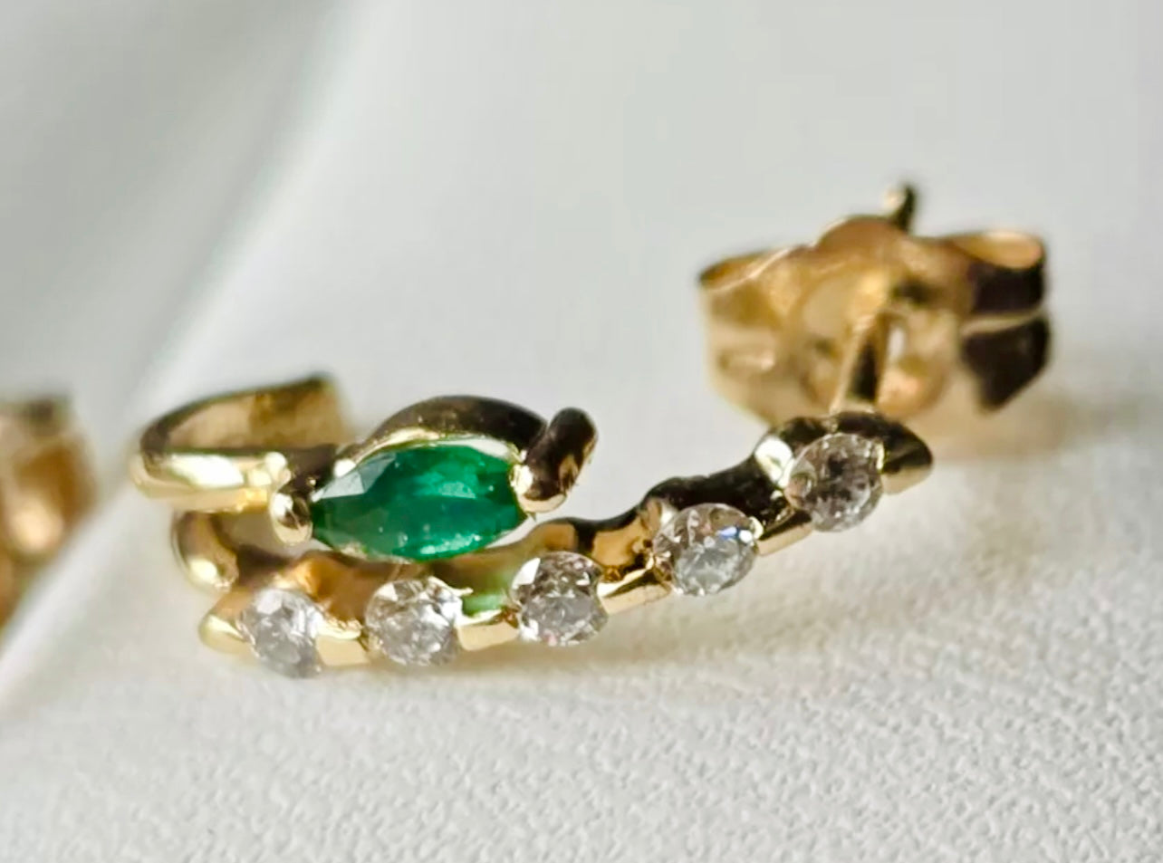 Vintage Marquise Emerald Diamond Half Hoop Earrings