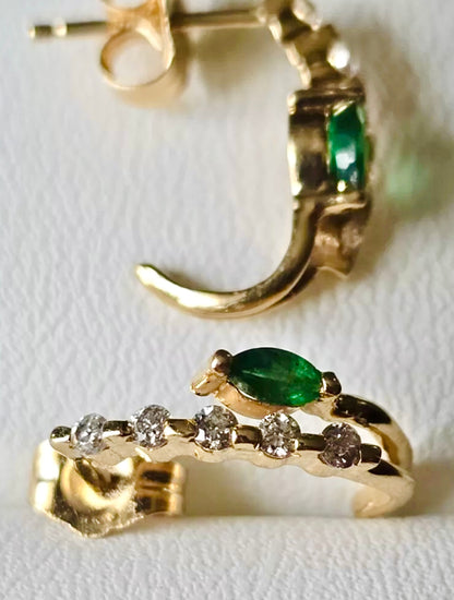 Vintage Marquise Emerald Diamond Half Hoop Earrings