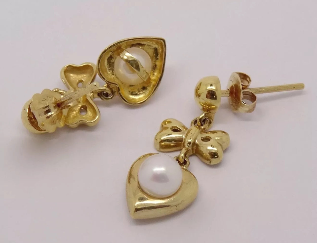 Vintage Heart & Bow Pearl Drop Earrings